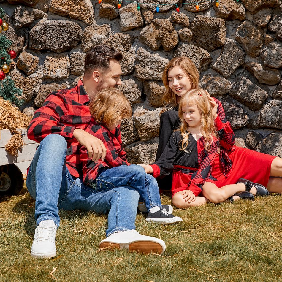 Christmas Family Matching Red Plaid Colorblock V Neck Belted Bodycon Dresses and Long-sleeve Button Shirts Sets redblack big image 7