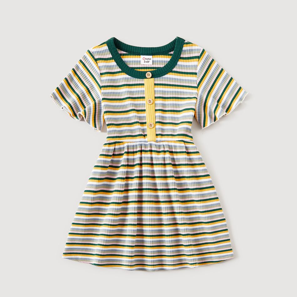 Family Matching Cotton Ribbed Short-sleeve Solid & Striped Dresses and Two Tone T-shirts Sets ColorBlock big image 5