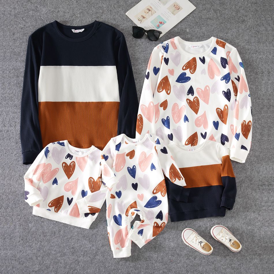 Valentine's Day Family Matching Allover Heart Print and Colorblock Ribbed Long-sleeve Sweatshirts Color block big image 1
