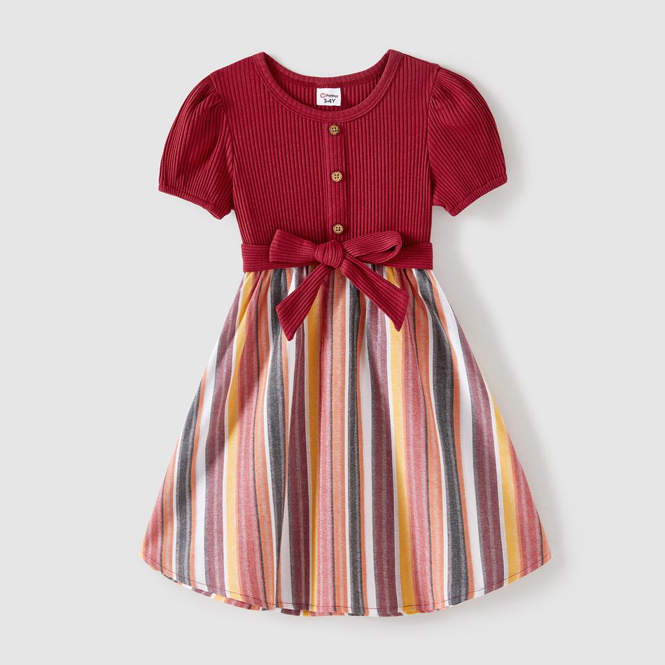 Family Matching Button Front Ribbed Spliced Striped Dresses and Short-sleeve Colorblock T-shirts Sets WineRed big image 7