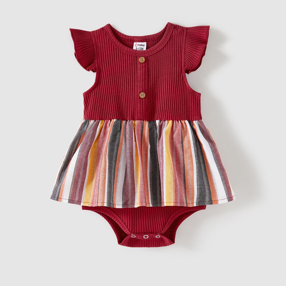 Family Matching Button Front Ribbed Spliced Striped Dresses and Short-sleeve Colorblock T-shirts Sets WineRed big image 11