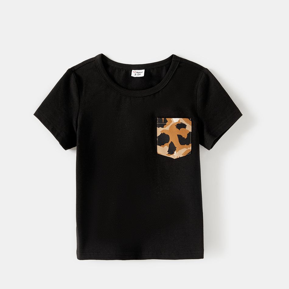 Family Matching Cotton Black Short-sleeve T-shirts and Leopard Print High Low Hem Flutter-sleeve Dresses Sets Black big image 11