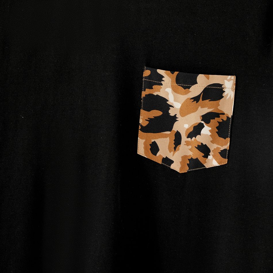 Family Matching Cotton Black Short-sleeve T-shirts and Leopard Print High Low Hem Flutter-sleeve Dresses Sets Black big image 13