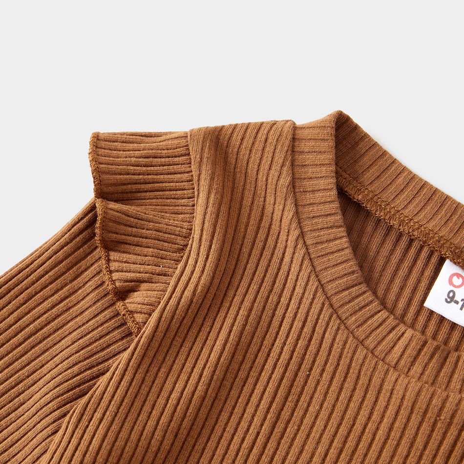 Family Matching Coffee Ribbed Spliced Plaid Belted Dresses and Long-sleeve Colorblock Tops Set Coffee big image 8