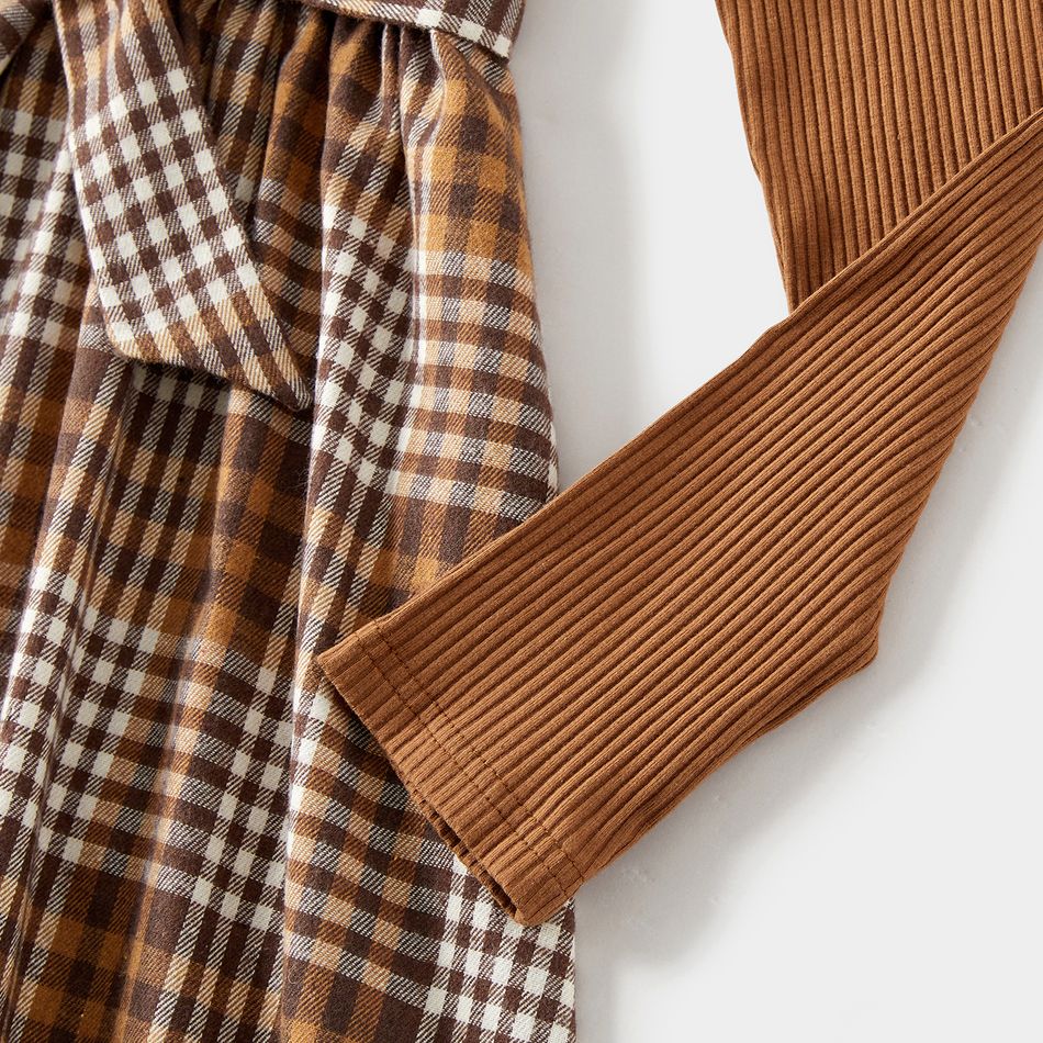 Family Matching Coffee Ribbed Spliced Plaid Belted Dresses and Long-sleeve Colorblock Tops Set Coffee big image 5