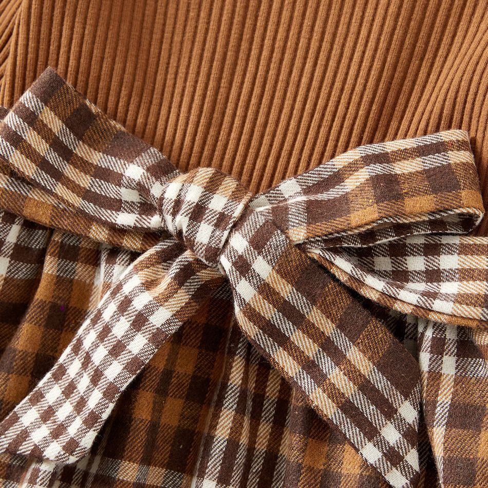 Family Matching Coffee Ribbed Spliced Plaid Belted Dresses and Long-sleeve Colorblock Tops Set Coffee big image 4