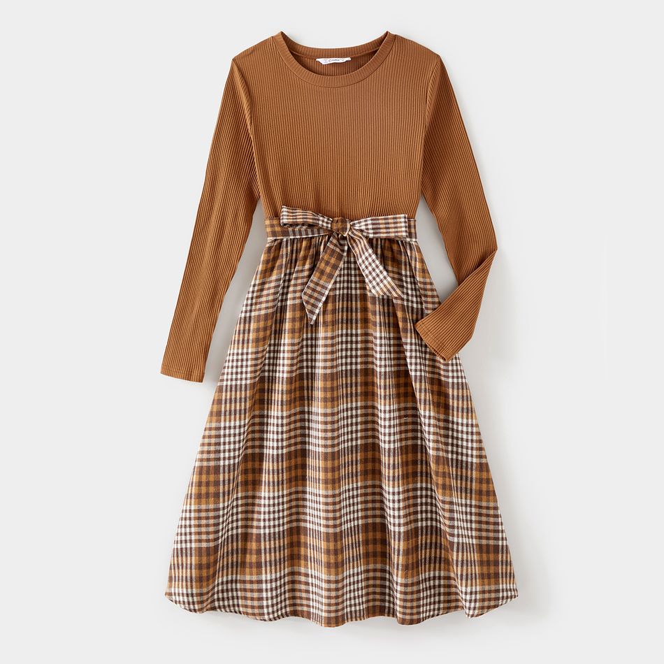 Family Matching Coffee Ribbed Spliced Plaid Belted Dresses and Long-sleeve Colorblock Tops Set Coffee big image 2