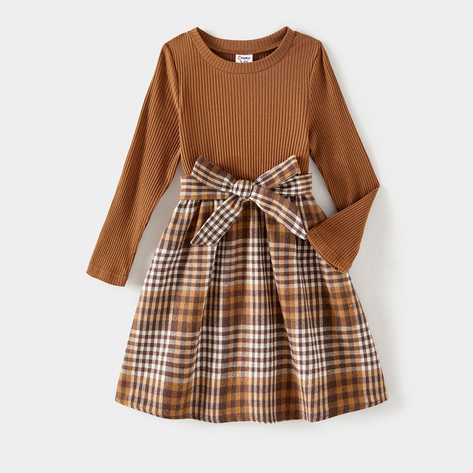 Family Matching Coffee Ribbed Spliced Plaid Belted Dresses and Long-sleeve Colorblock Tops Set Coffee big image 3