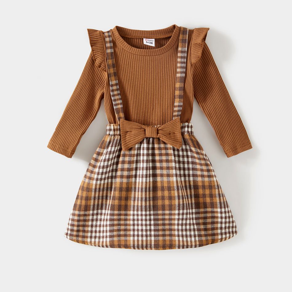 Family Matching Coffee Ribbed Spliced Plaid Belted Dresses and Long-sleeve Colorblock Tops Set Coffee big image 6