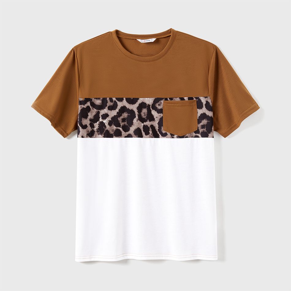 Family Matching Leopard Print Flutter-sleeve Belted Dresses and Short-sleeve Colorblock T-shirts Sets Coffee big image 13
