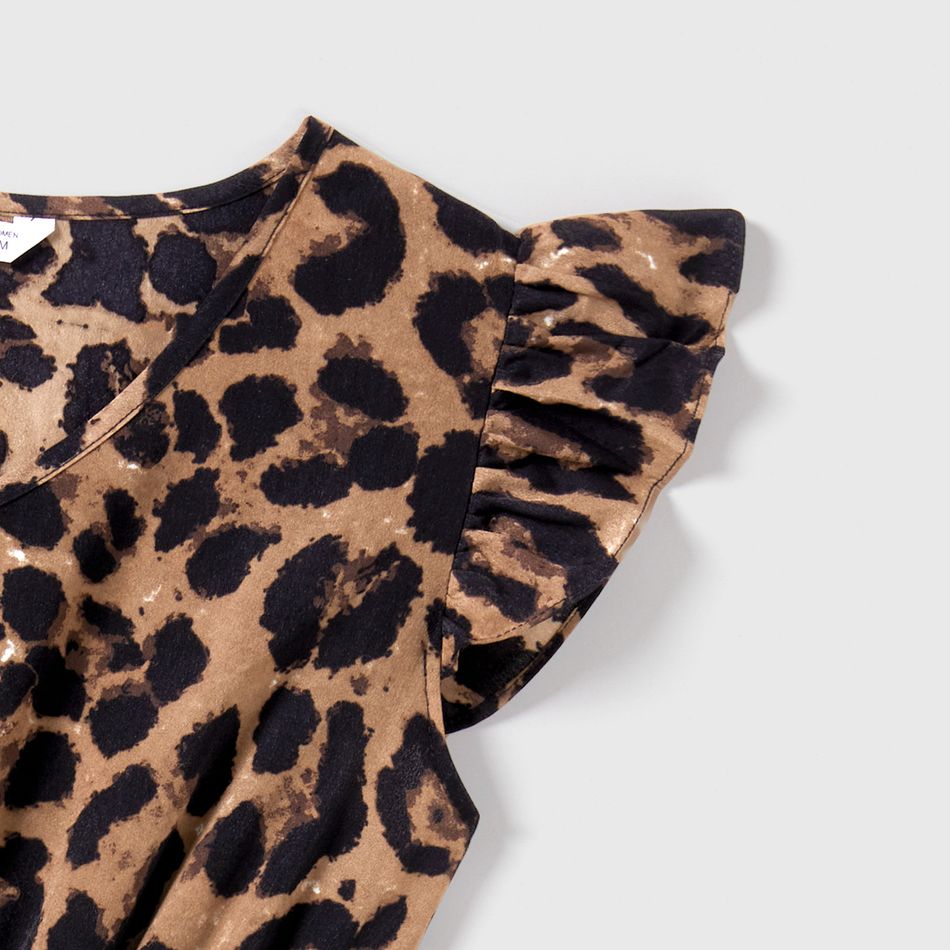 Family Matching Leopard Print Flutter-sleeve Belted Dresses and Short-sleeve Colorblock T-shirts Sets Coffee big image 4