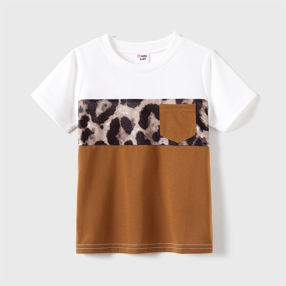 Family Matching Leopard Print Flutter-sleeve Belted Dresses and Short-sleeve Colorblock T-shirts Sets Coffee big image 15