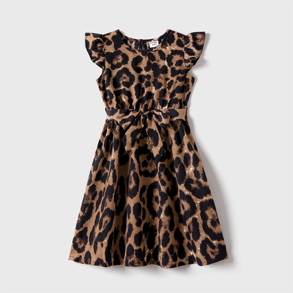 Family Matching Leopard Print Flutter-sleeve Belted Dresses and Short-sleeve Colorblock T-shirts Sets Coffee big image 7