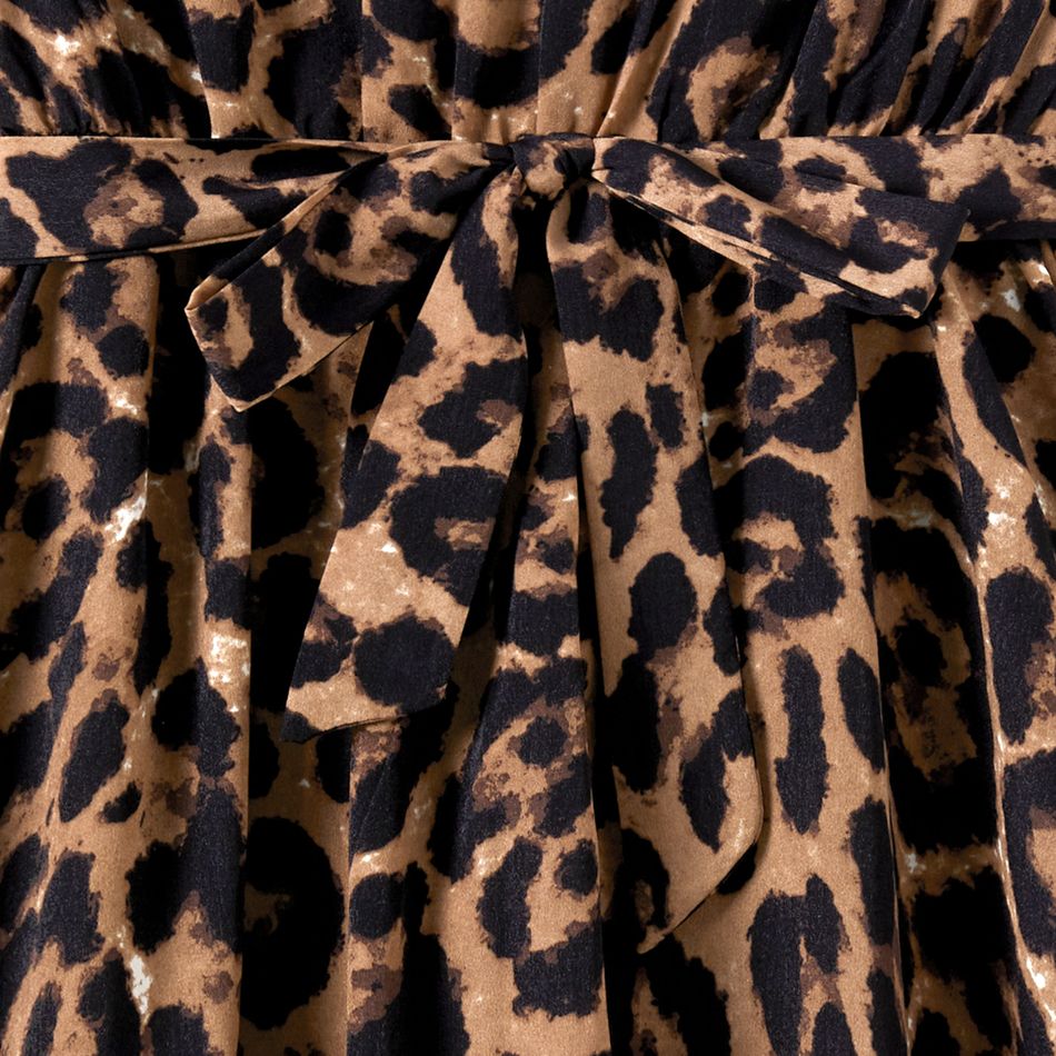 Family Matching Leopard Print Flutter-sleeve Belted Dresses and Short-sleeve Colorblock T-shirts Sets Coffee big image 5