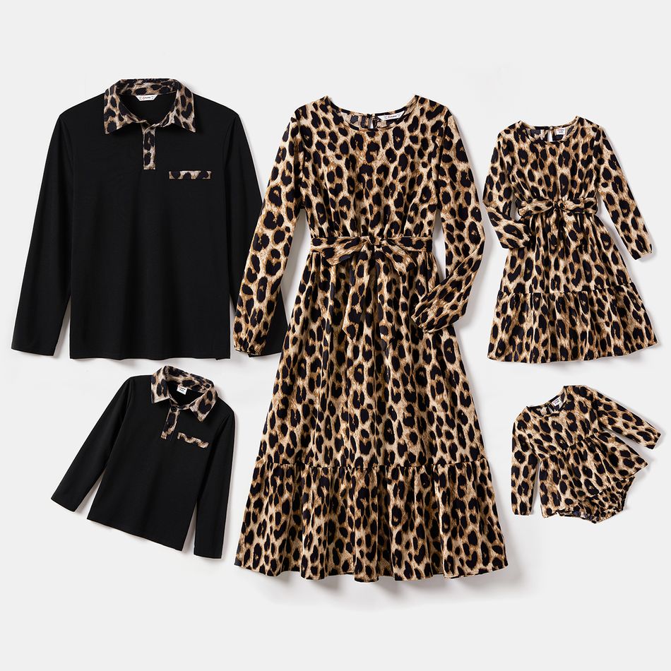 Family Matching Allover Leopard Print Long-sleeve Belted Dresses and Polo Shirts Sets Colorful big image 1