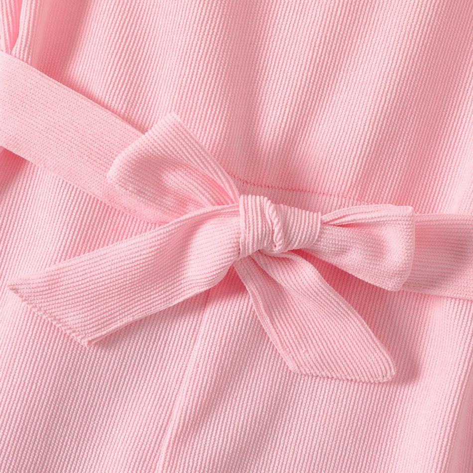 Kid Girl 3D Butterfly Design Mesh Sleeve Belted Corduroy Jumpsuit Light Pink big image 5