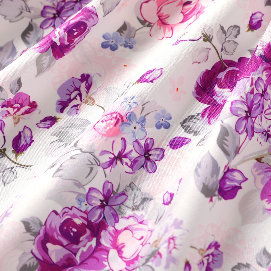 Kid Girl 3D Bowknot Design Floral Print Ruffled Splice Long-sleeve Dress Purple big image 3