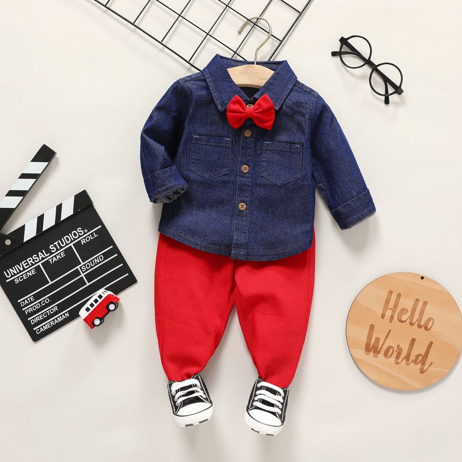 2pcs Baby Boy Bow Front Long-sleeve Denim Jacket and Solid Straight-fit Casual Pants Set Red