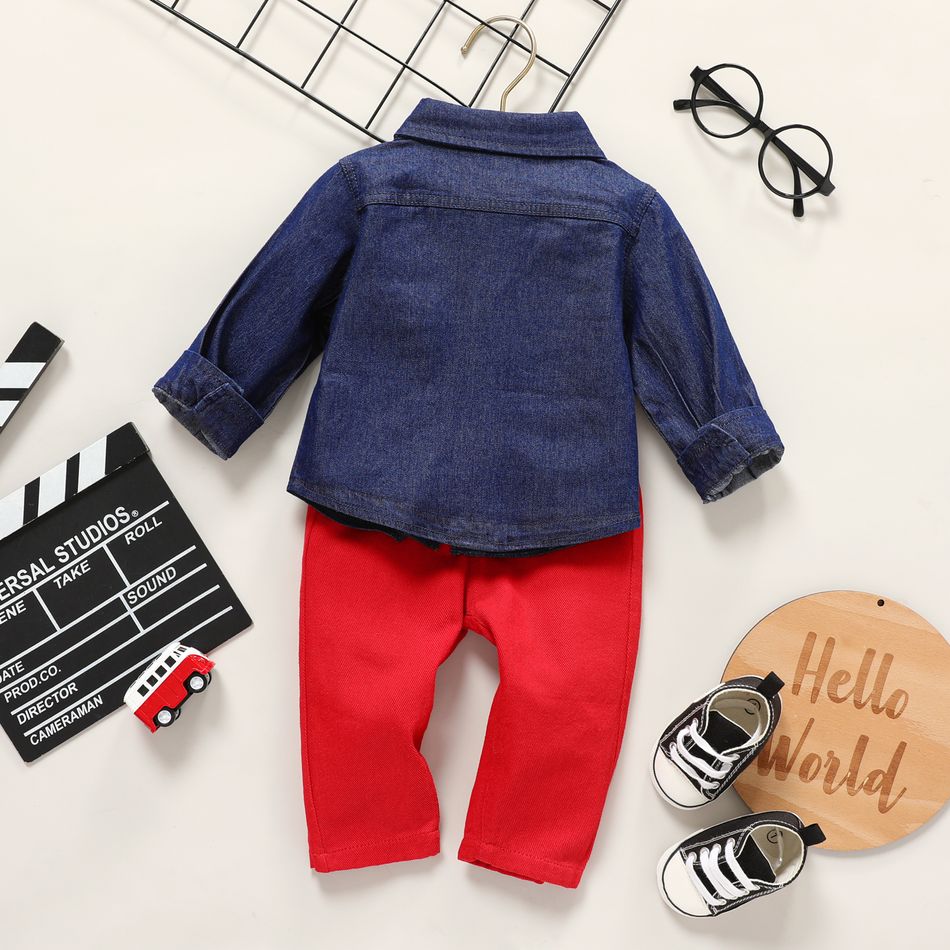 2pcs Baby Boy Bow Front Long-sleeve Denim Jacket and Solid Straight-fit Casual Pants Set Red big image 2
