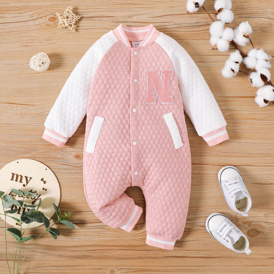 Baby Girl Letter Design Colorblock Raglan-sleeve Quilted Button Jumpsuit PinkyWhite