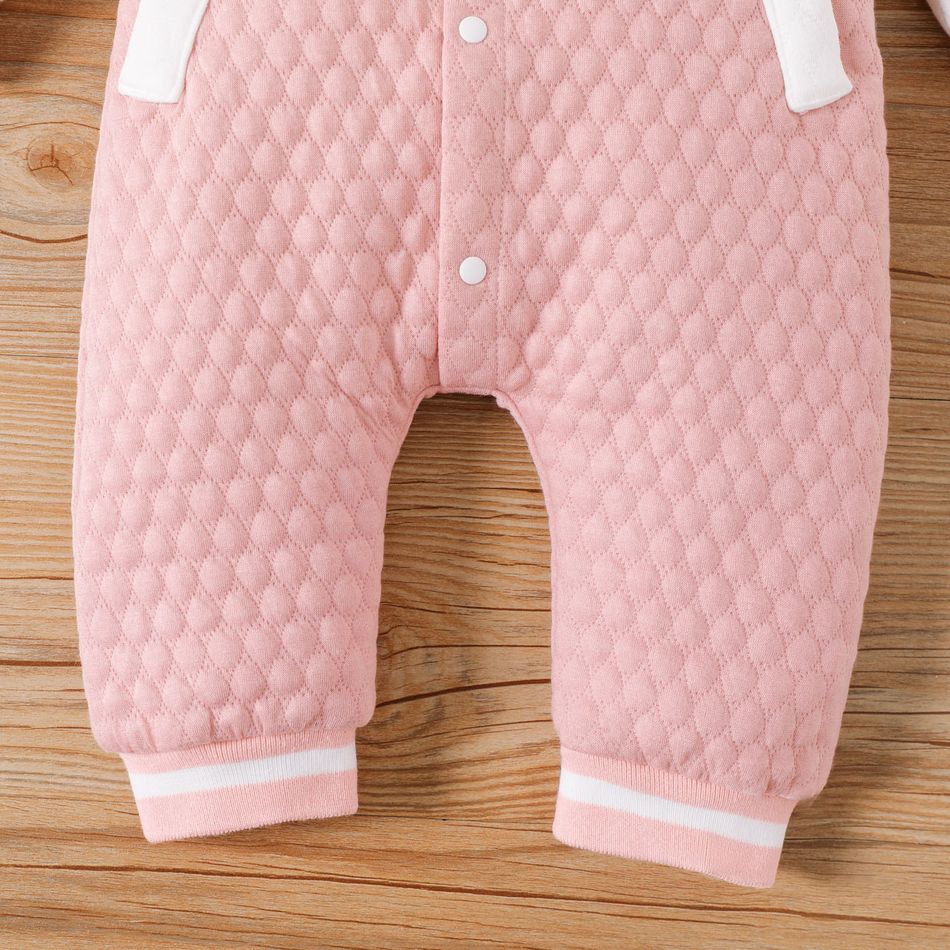 Baby Girl Letter Design Colorblock Raglan-sleeve Quilted Button Jumpsuit PinkyWhite big image 3
