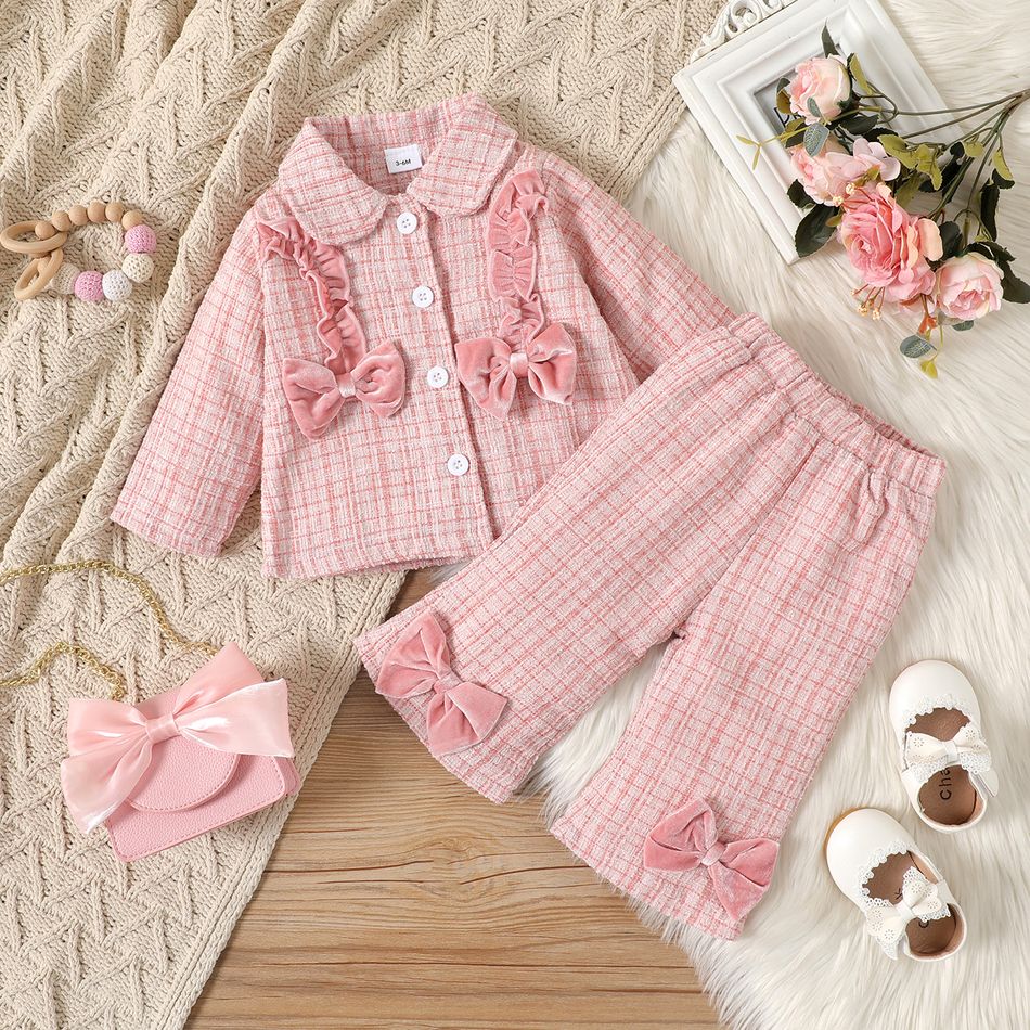 2pcs Baby Girl Pink Velvet Ruffle Trim Bow Front Tweed Jacket and Pants Set Pink big image 1