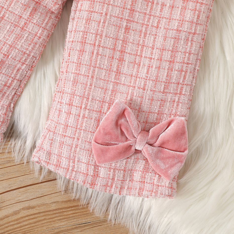 2pcs Baby Girl Pink Velvet Ruffle Trim Bow Front Tweed Jacket and Pants Set Pink big image 3