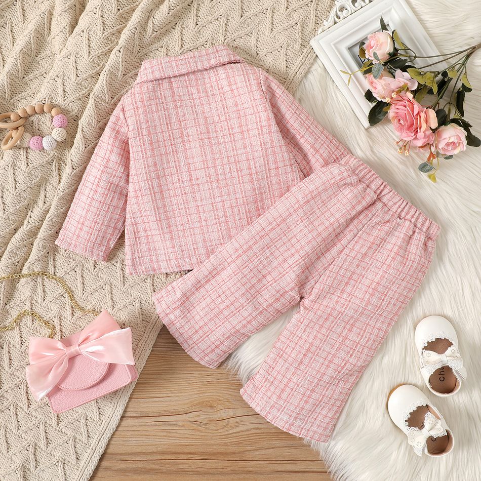 2pcs Baby Girl Pink Velvet Ruffle Trim Bow Front Tweed Jacket and Pants Set Pink big image 2