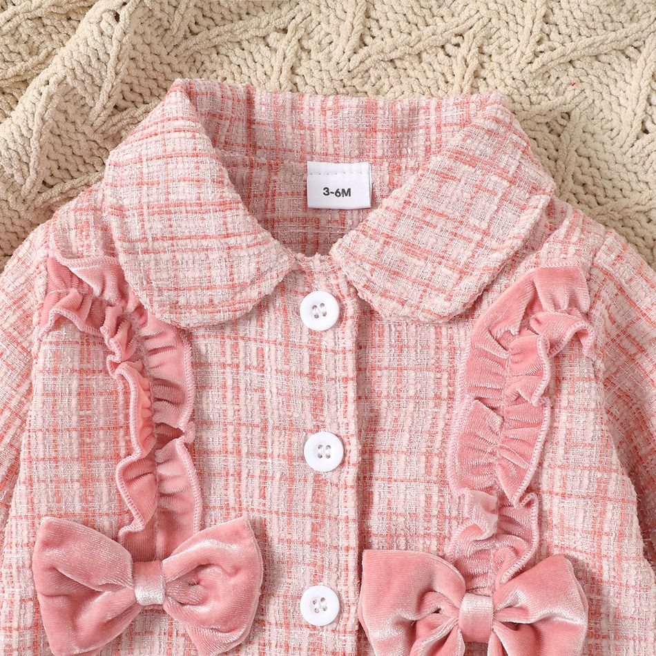 2pcs Baby Girl Pink Velvet Ruffle Trim Bow Front Tweed Jacket and Pants Set Pink big image 5