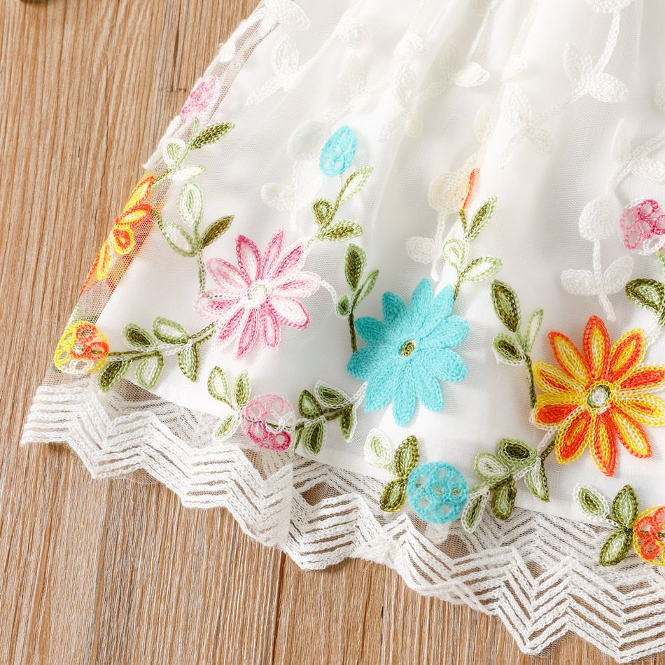 Toddler Girl Sweet Ruffled Floral Embroidered Mesh Splice Dress White big image 4