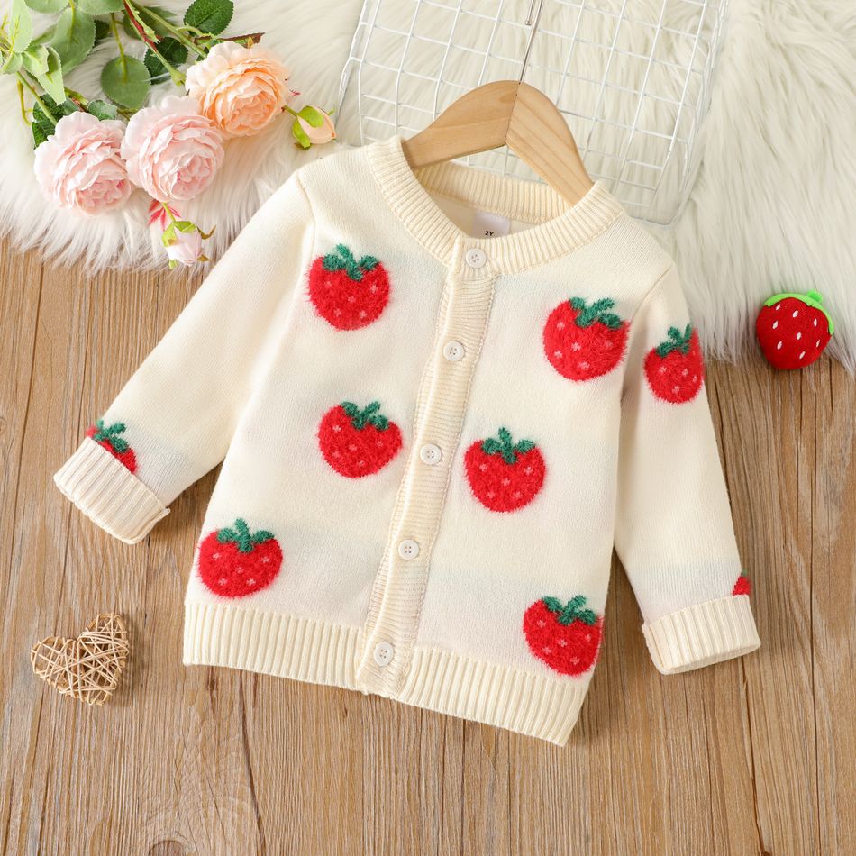 Toddler Girl Sweet Strawberry Pattern Sweater Cardigan Apricot big image 1