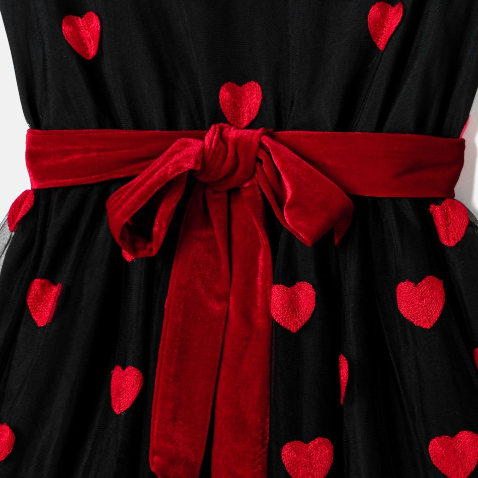 Valentine's Day Mommy and Me Allover Heart Embroidered Sleeveless Belted Black Sheer Mesh Dresses Black big image 8