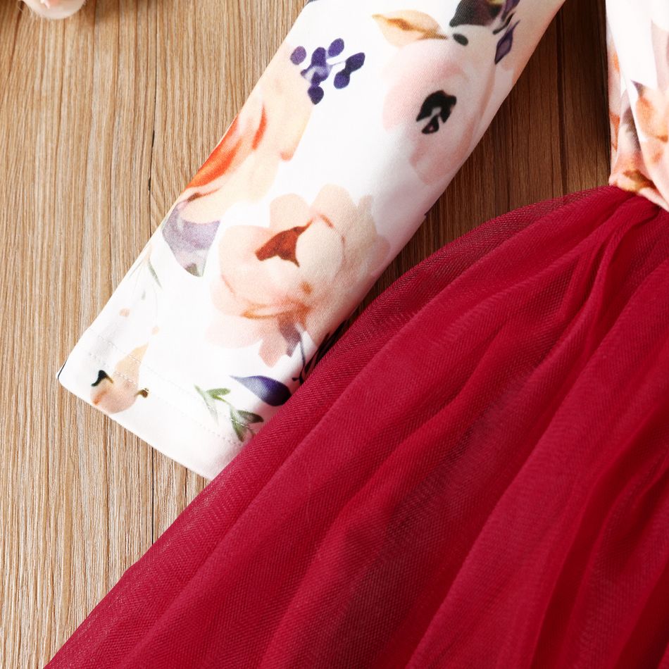 فتاة صغيرة حلوة طباعة الأزهار bowknot تصميم شبكة لصق اللباس عنابي اللون big image 3