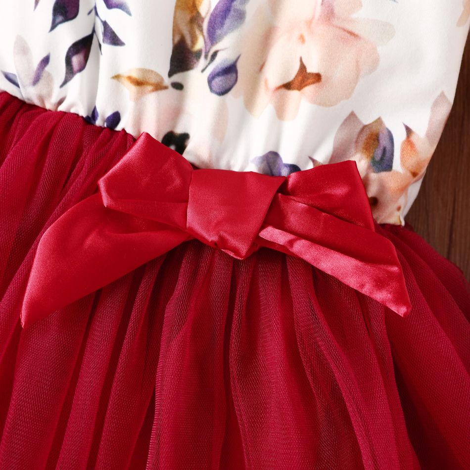 فتاة صغيرة حلوة طباعة الأزهار bowknot تصميم شبكة لصق اللباس عنابي اللون big image 4