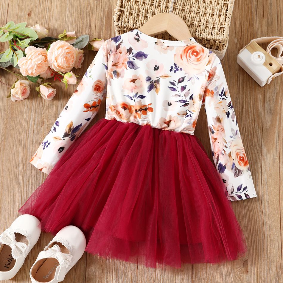 فتاة صغيرة حلوة طباعة الأزهار bowknot تصميم شبكة لصق اللباس عنابي اللون big image 2