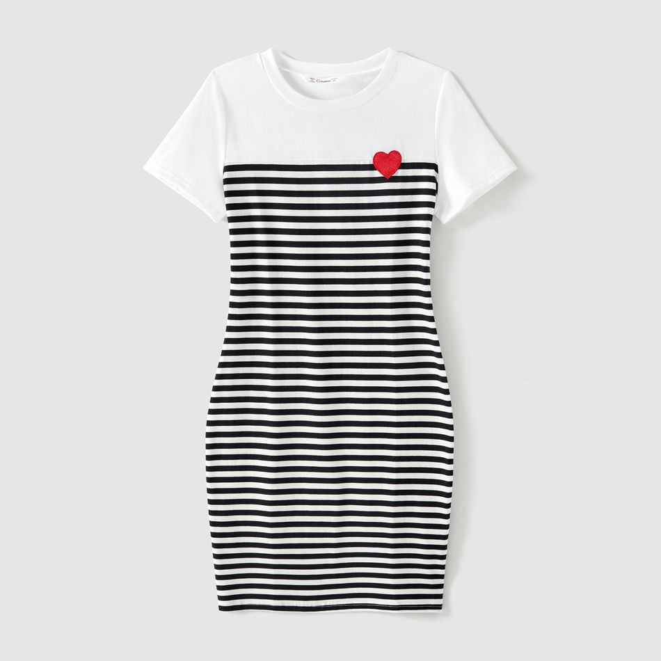 Valentine's Day Family Matching Red Heart Embroidered Cotton Striped Spliced Short-sleeve Bodycon Dresses and T-shirts Sets BlackandWhite big image 2