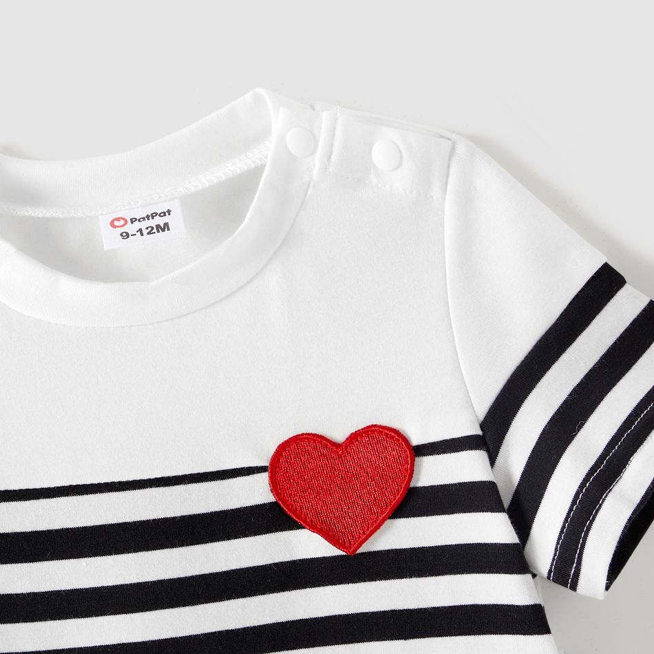 Valentine's Day Family Matching Red Heart Embroidered Cotton Striped Spliced Short-sleeve Bodycon Dresses and T-shirts Sets BlackandWhite big image 10