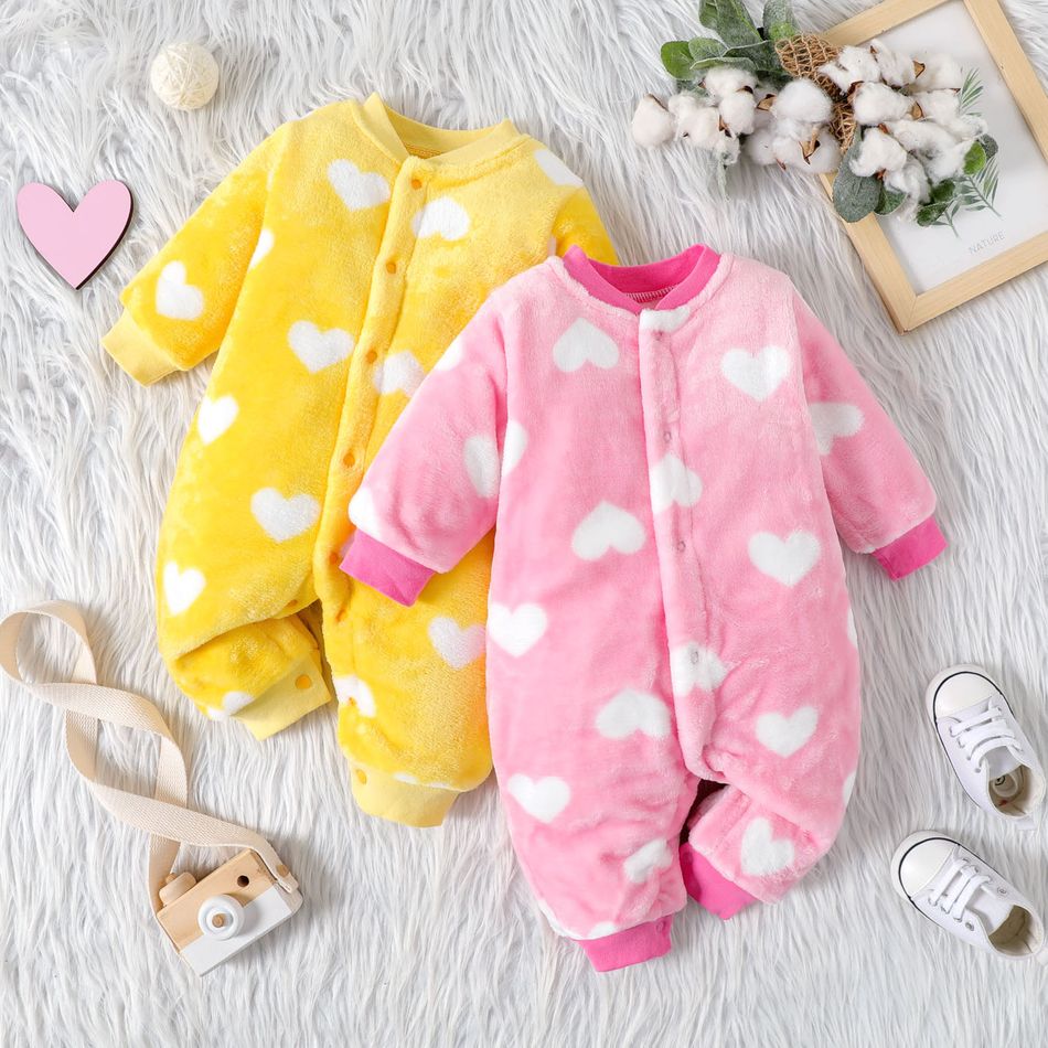 Baby Heart Shape Pattern Allover Fluffy Long-sleeve Jumpsuit Pink big image 2