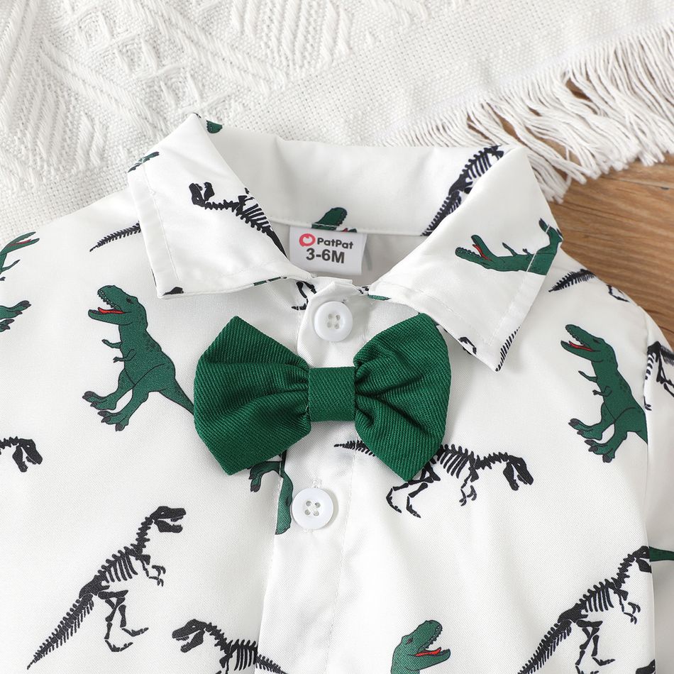 2pcs Baby Boy 100% Cotton Green Suspender Pants and Allover Dinosaur Print Long-sleeve Gentleman Bow Tie Romper Party Outfits Set Green big image 4