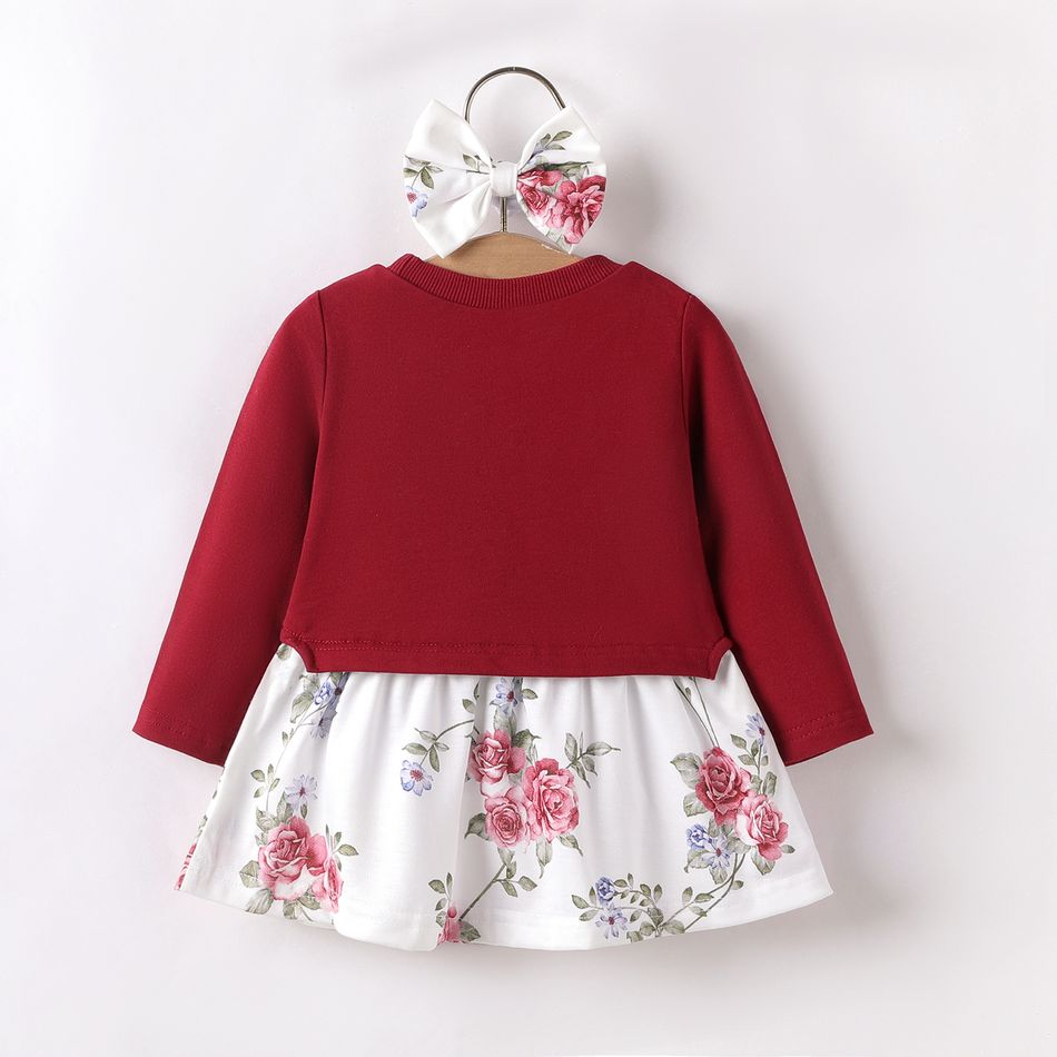 2pcs Baby Girl 95% Cotton Long-sleeve Letter Embroidered Spliced Floral Print Dress with Headband Set Burgundy big image 2
