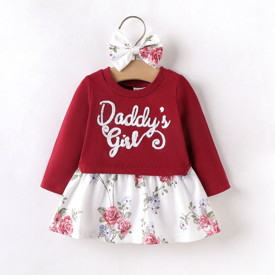 2pcs Baby Girl 95% Cotton Long-sleeve Letter Embroidered Spliced Floral Print Dress with Headband Set Burgundy big image 1