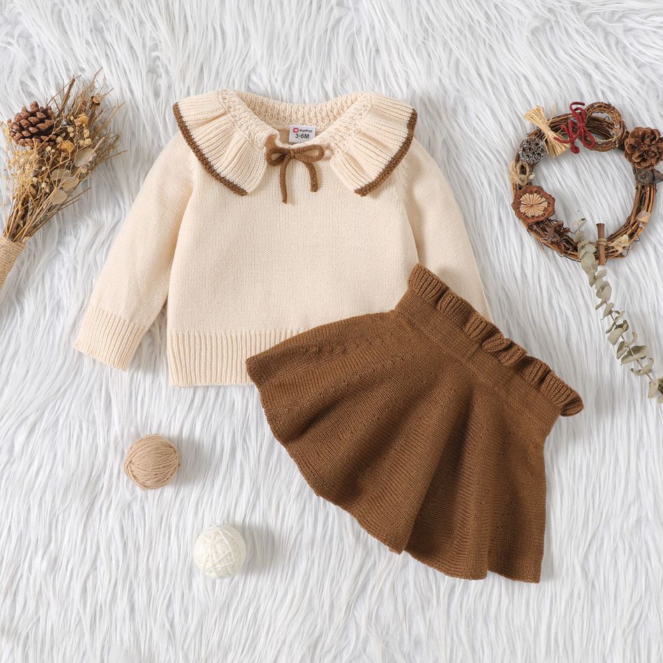 2pcs Baby Girl Solid Knitted Ruffle Trim Long-sleeve Top and Skirt Set Brown