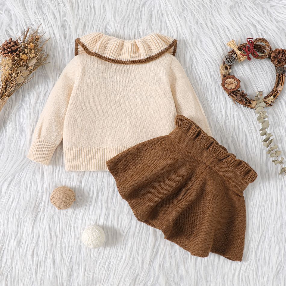 2pcs Baby Girl Solid Knitted Ruffle Trim Long-sleeve Top and Skirt Set Brown big image 2