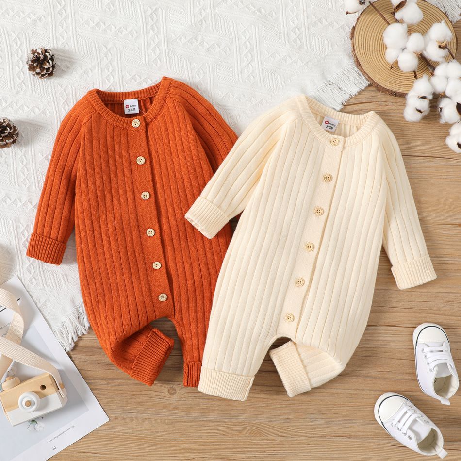 Baby Boy/Girl Button Front Solid Rib Knit Long-sleeve Jumpsuit Beige