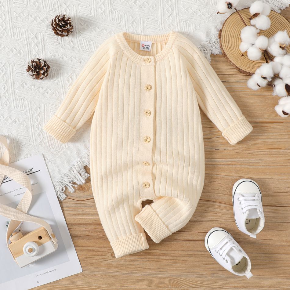 Baby Boy/Girl Button Front Solid Rib Knit Long-sleeve Jumpsuit Beige big image 1