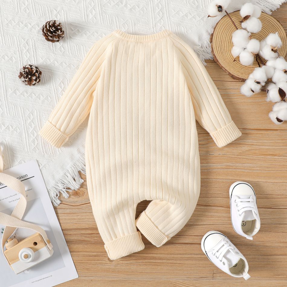 Baby Boy/Girl Button Front Solid Rib Knit Long-sleeve Jumpsuit Beige big image 2