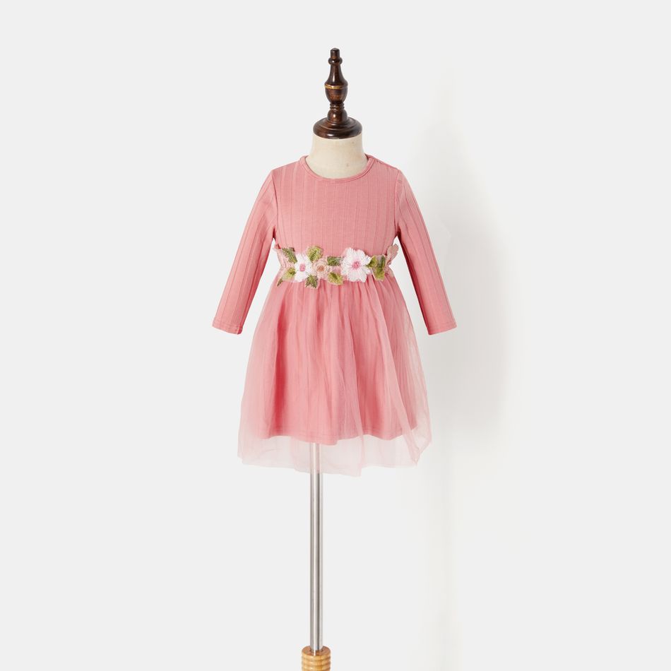 Mommy and Me Long-sleeve Button Front Pink Rib Knit Bodycon Dress incarnadinepink big image 6