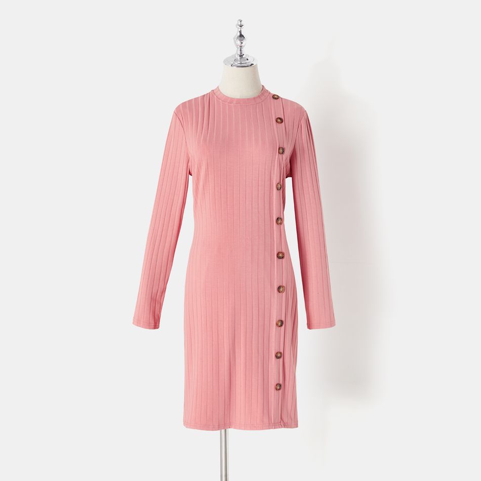 Mommy and Me Long-sleeve Button Front Pink Rib Knit Bodycon Dress incarnadinepink big image 2