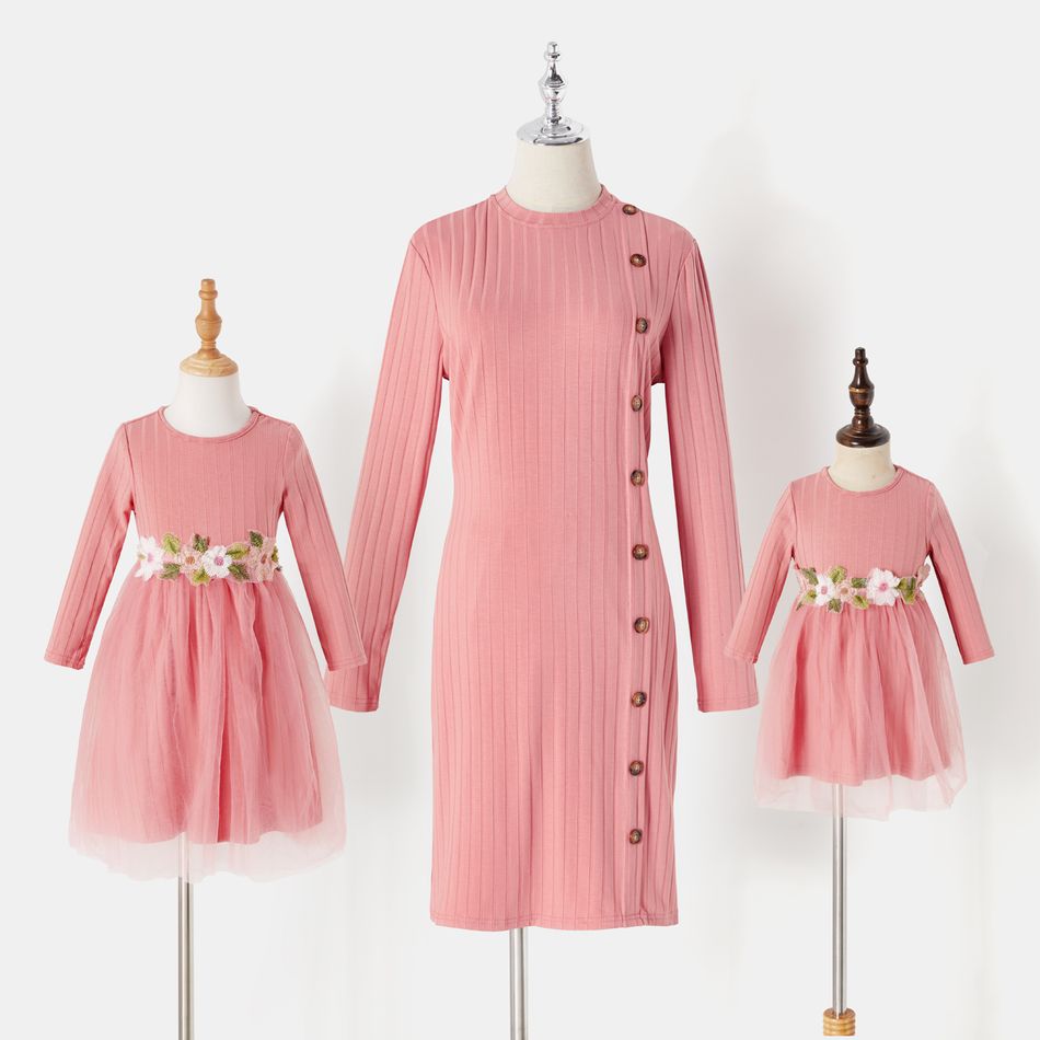 Mommy and Me Long-sleeve Button Front Pink Rib Knit Bodycon Dress incarnadinepink big image 1