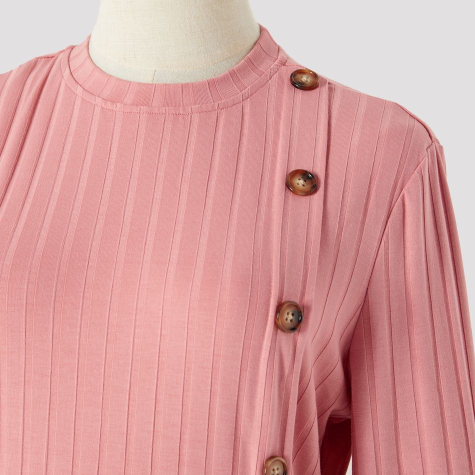 Mommy and Me Long-sleeve Button Front Pink Rib Knit Bodycon Dress incarnadinepink big image 3